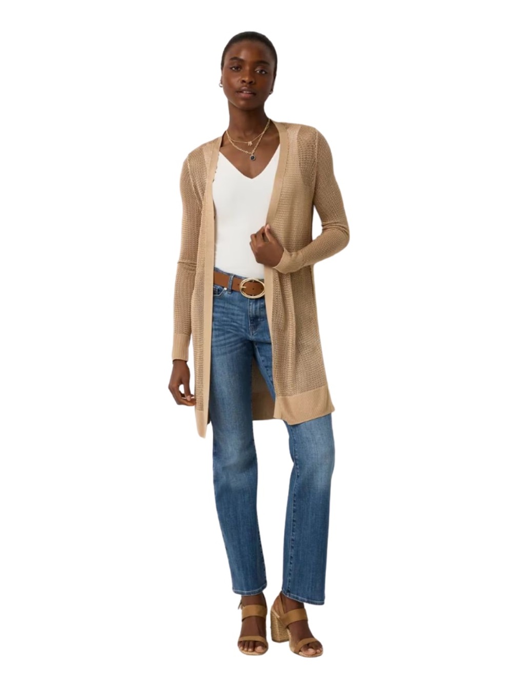 WHBM Beige Open Stitch Long Cardigan Long Sleeves Capsule Minimal Preppy Coastal